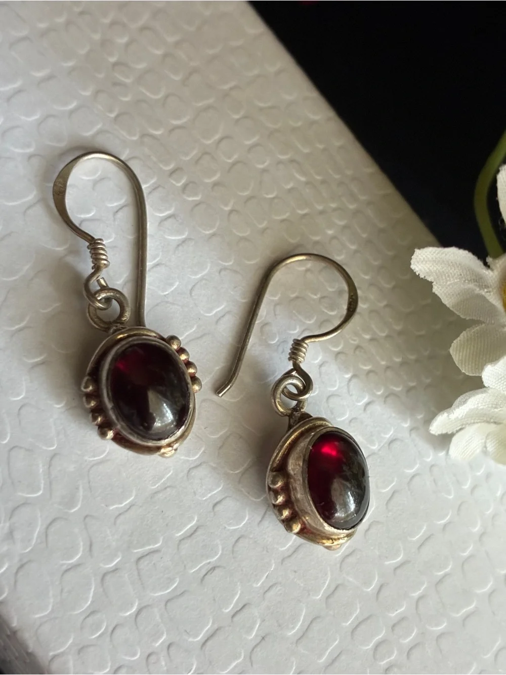 925 Sterling Silver Garnet Red Cabochon Drop Earrings